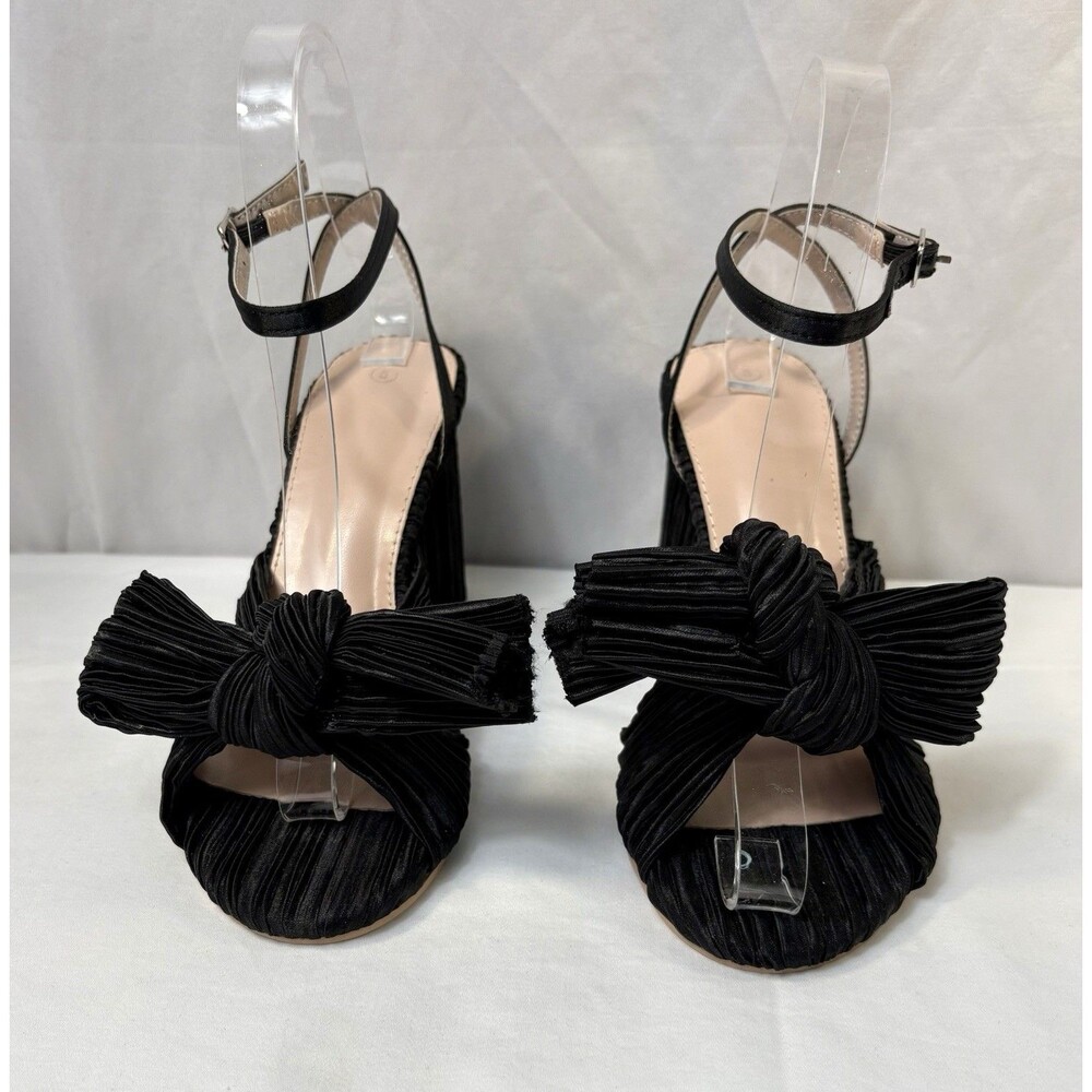 Pleated Bow Block Heel Sandals Black Ankle Strap Open Toe Heels Size 5
